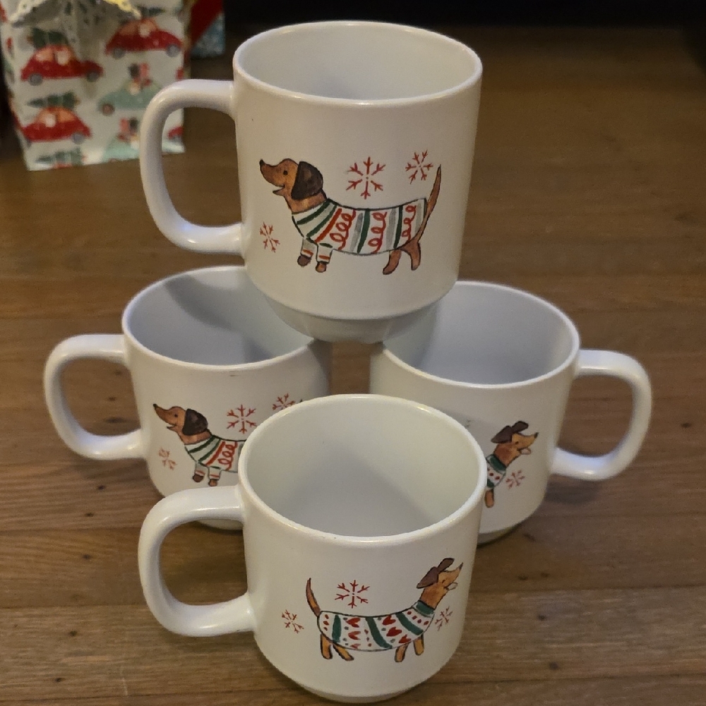 Peppermint & Pine:Dachshund Festive Winter Mugs.  Set Of 4. Stackable.